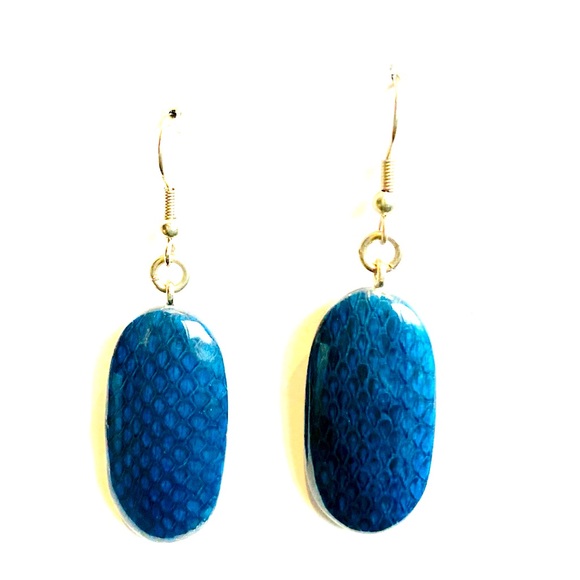 Hand Crafted Blue Oval Paper Snake skin Earrings - Picture 3 of 4
